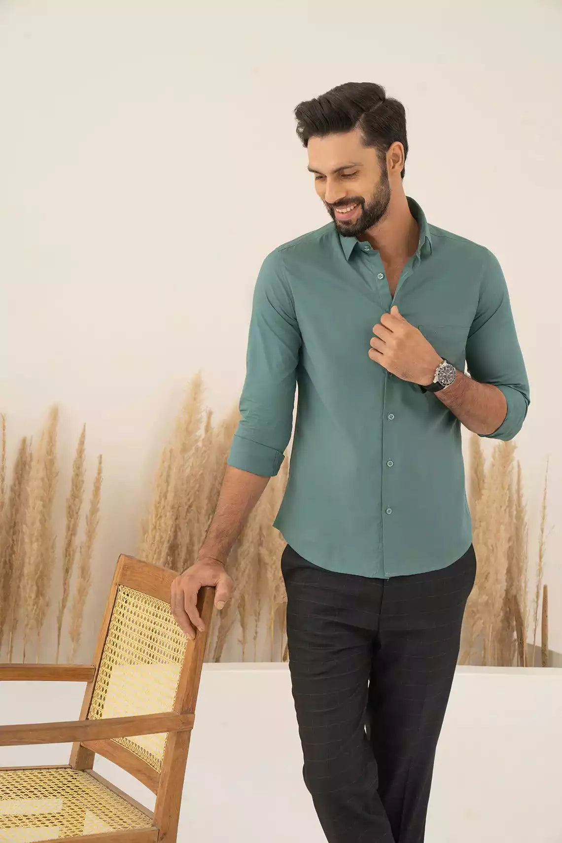 Green Premium Men's Full Sleeves Plain Shirt Collection Cotton Fabric