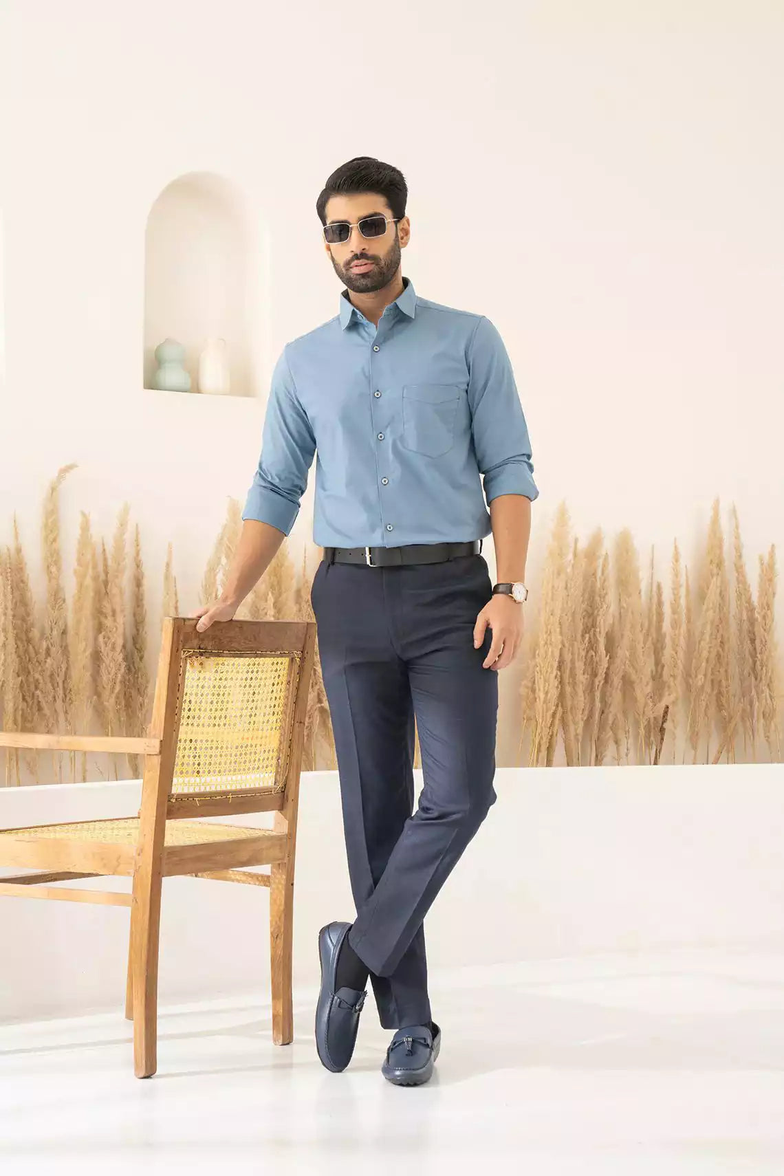 Blue Premium Men's Full Sleeves Plain Shirt Collection Cotton Fabric