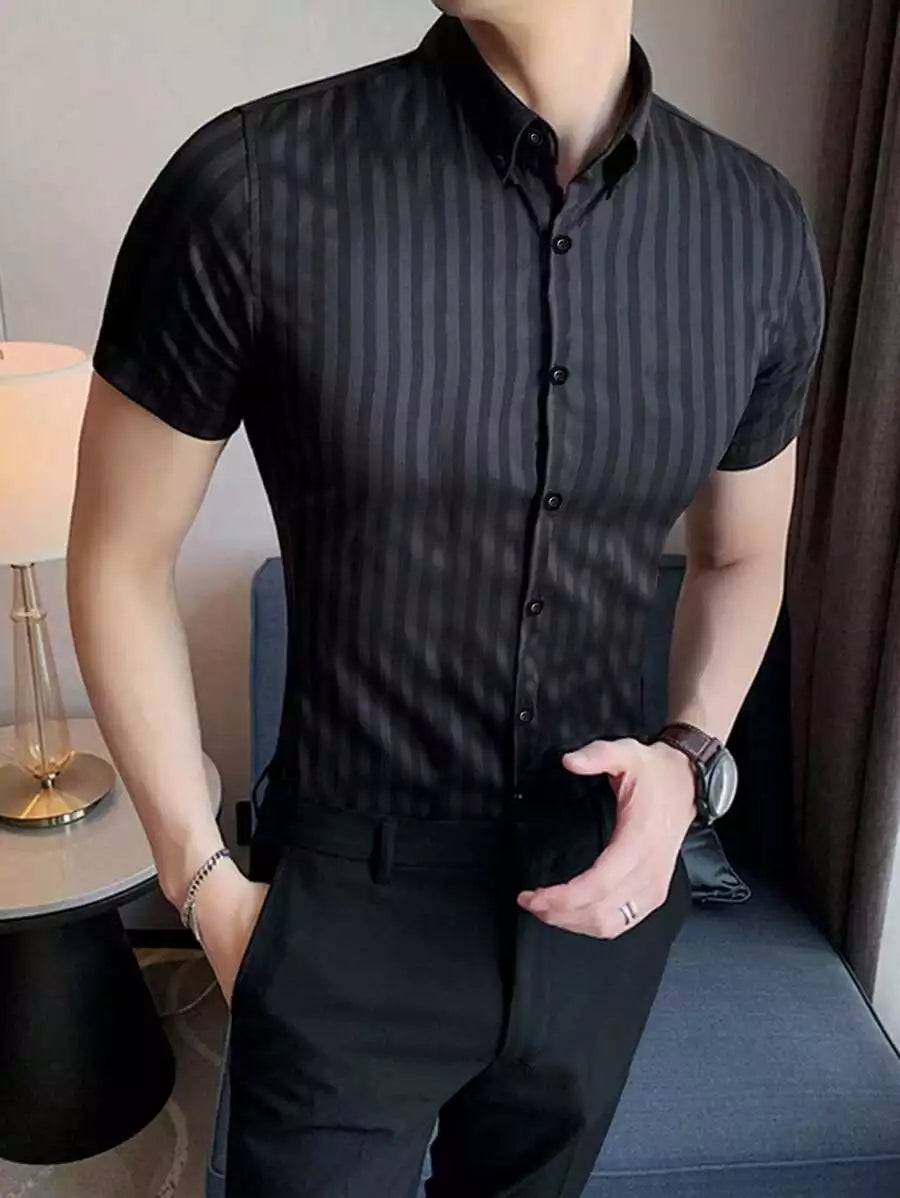 Black Color Men's Half Sleeves Vertical Strips Shirt