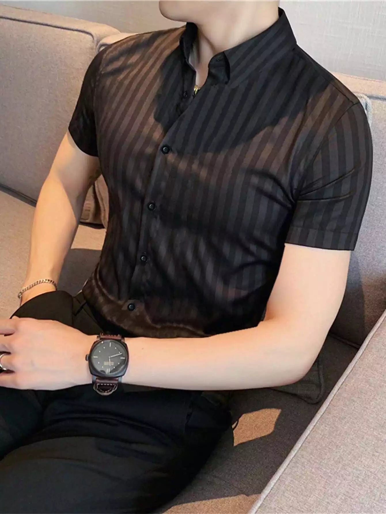 Black Color Men's Half Sleeves Vertical Strips Shirt