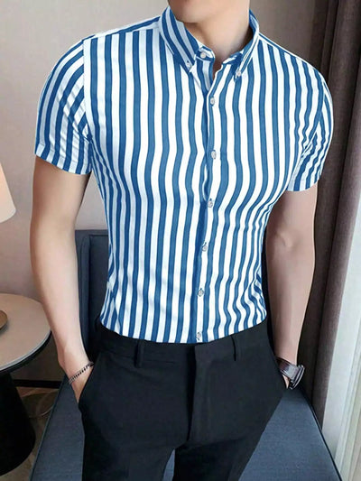 Blue Color Men's Half Sleeves Vertical Strips Shirt