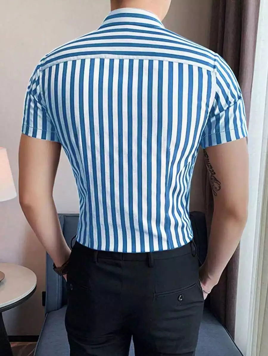 Blue Color Men's Half Sleeves Vertical Strips Shirt