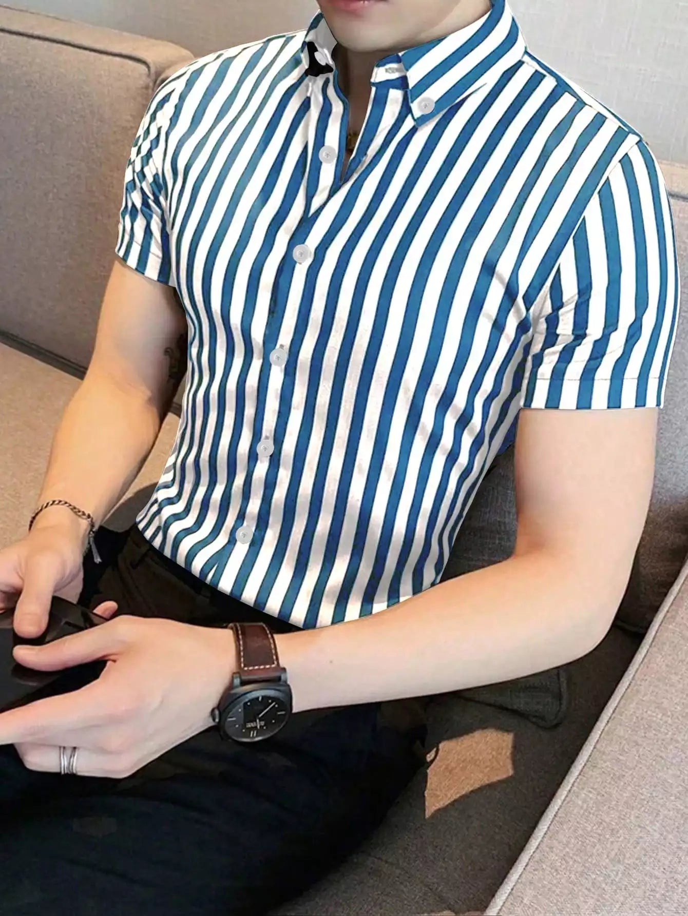 Blue Color Men's Half Sleeves Vertical Strips Shirt