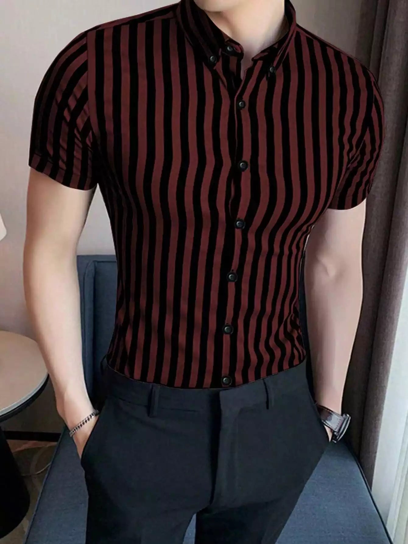 Burgundy Color Men's Half Sleeves Vertical Strips Shirt