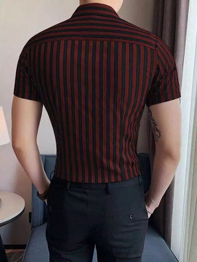 Burgundy Color Men's Half Sleeves Vertical Strips Shirt