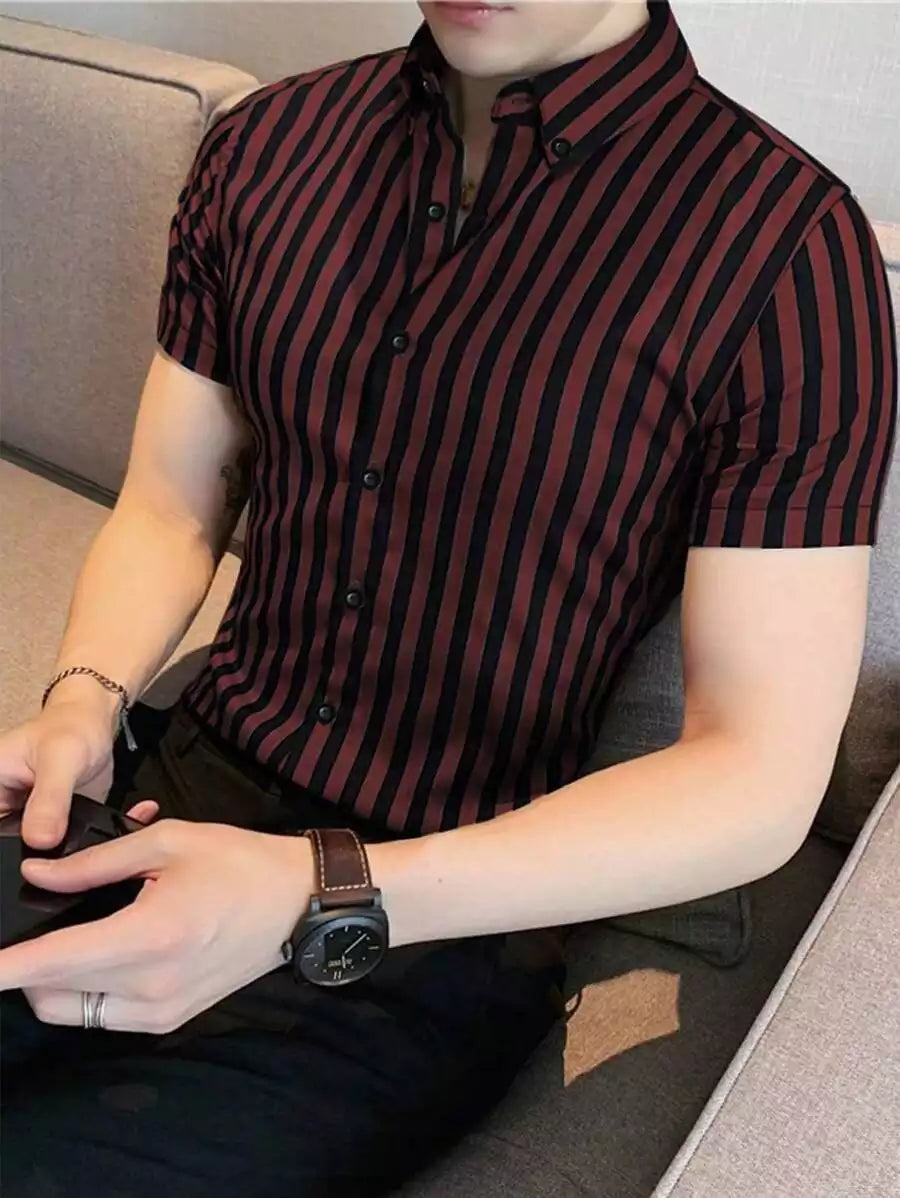 Burgundy Color Men's Half Sleeves Vertical Strips Shirt