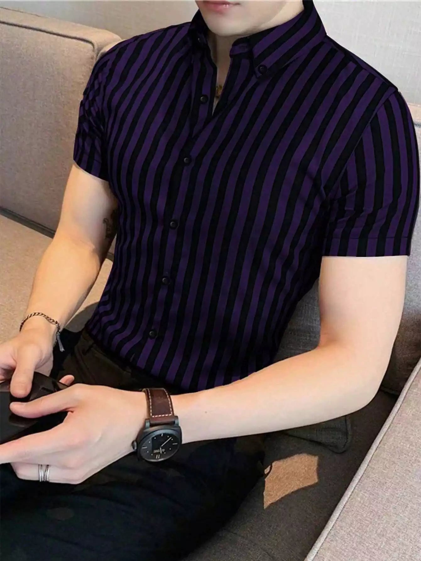 Purple Color Men's Half Sleeves Vertical Strips Shirt