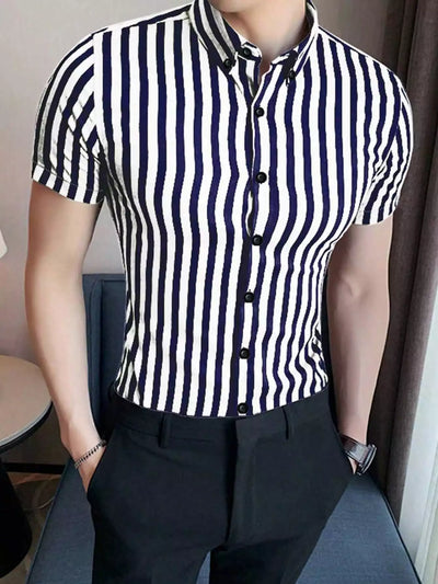 Blue on White Color Men's Half Sleeves Vertical Strips Shirt