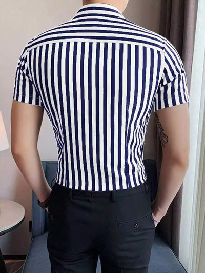 Blue on White Color Men's Half Sleeves Vertical Strips Shirt