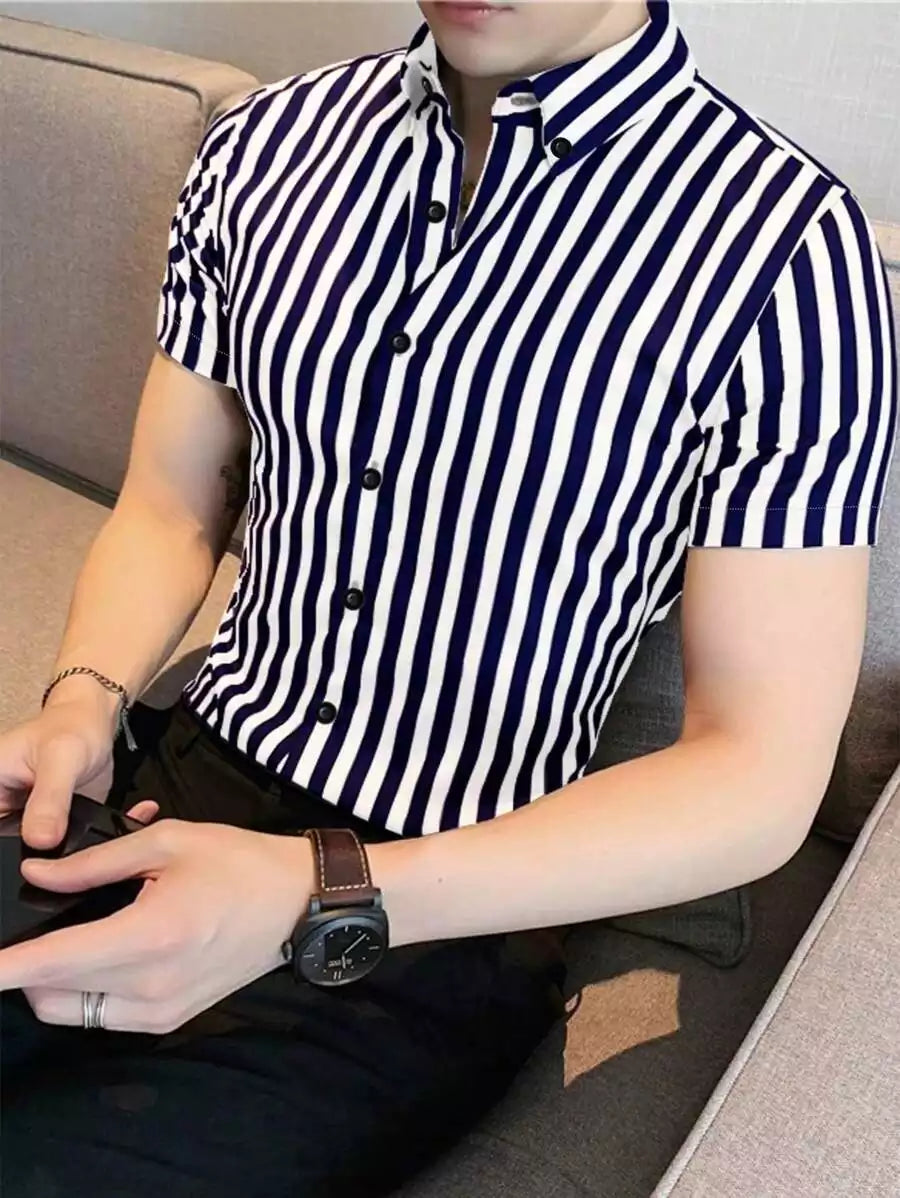 Blue on White Color Men's Half Sleeves Vertical Strips Shirt