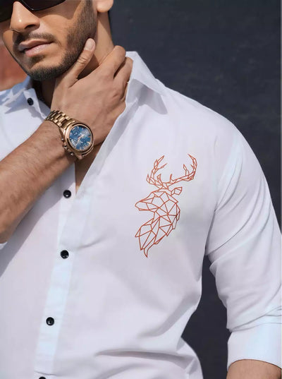 White Deer Printed Mens Full Sleeves Formal Shirt Party Wear