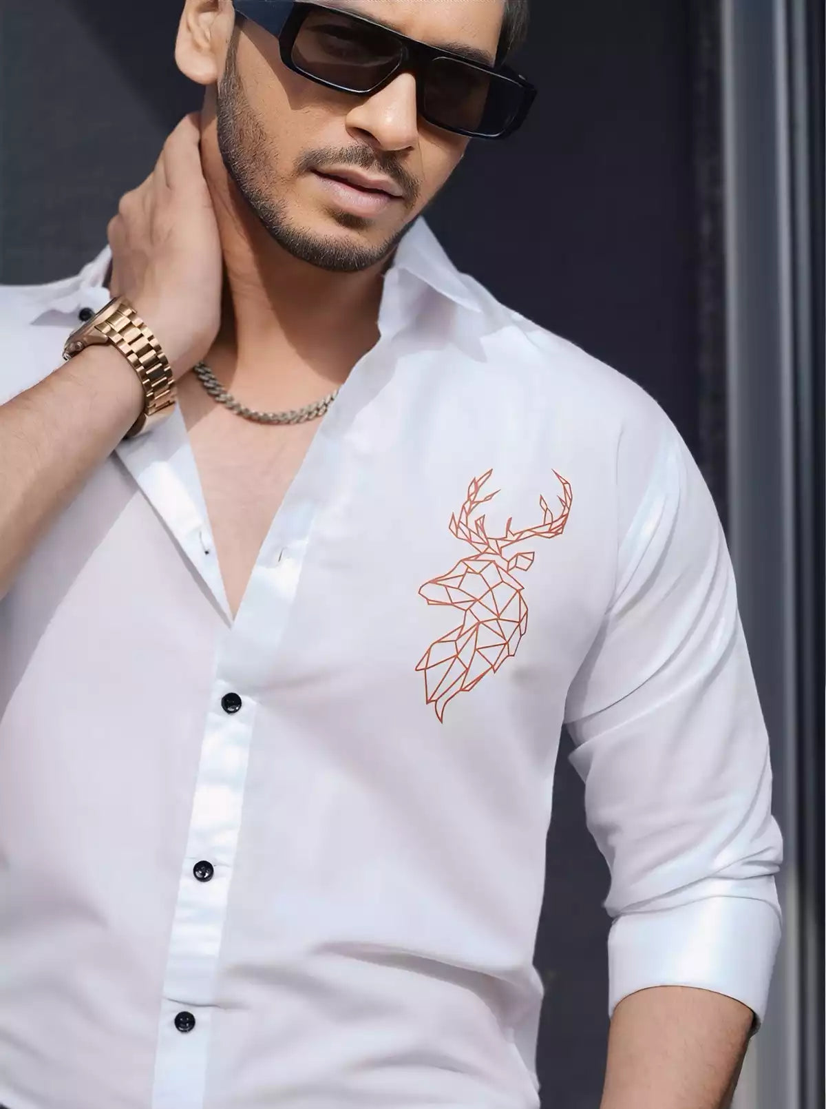 White Deer Printed Mens Full Sleeves Formal Shirt Party Wear