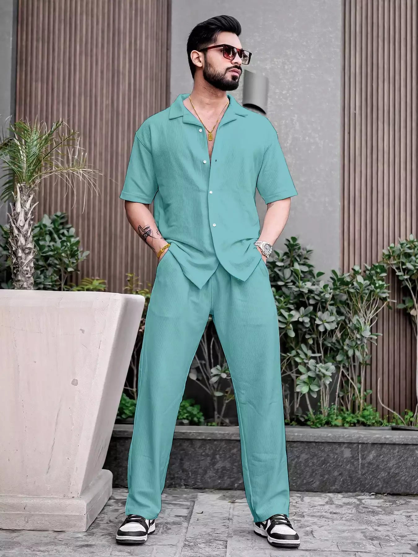 Apple Green Color Mens Full Set Trouser and Shirt Half Sleeves