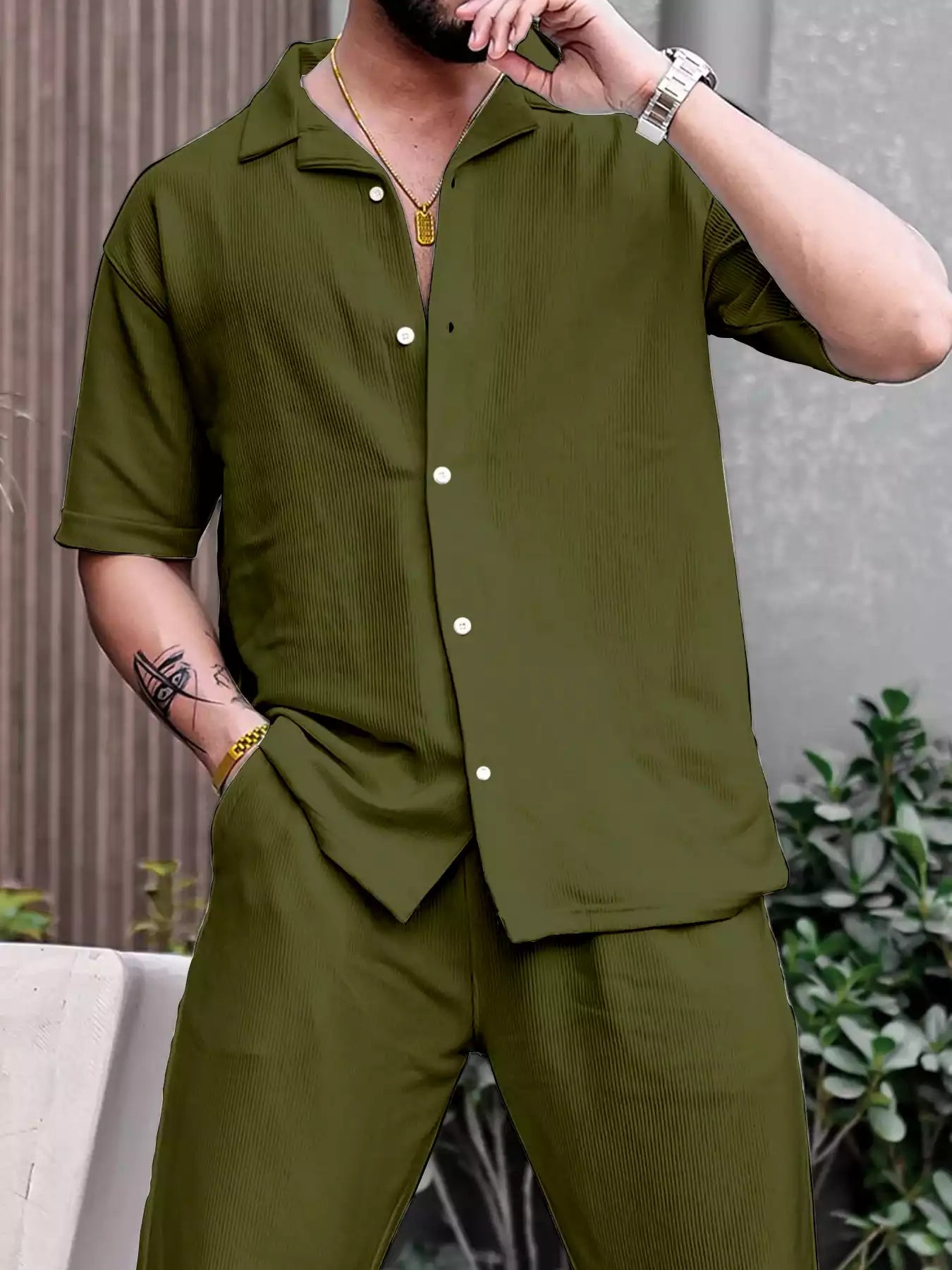 Green Color Mens Full Set Trouser and Shirt Half Sleeves