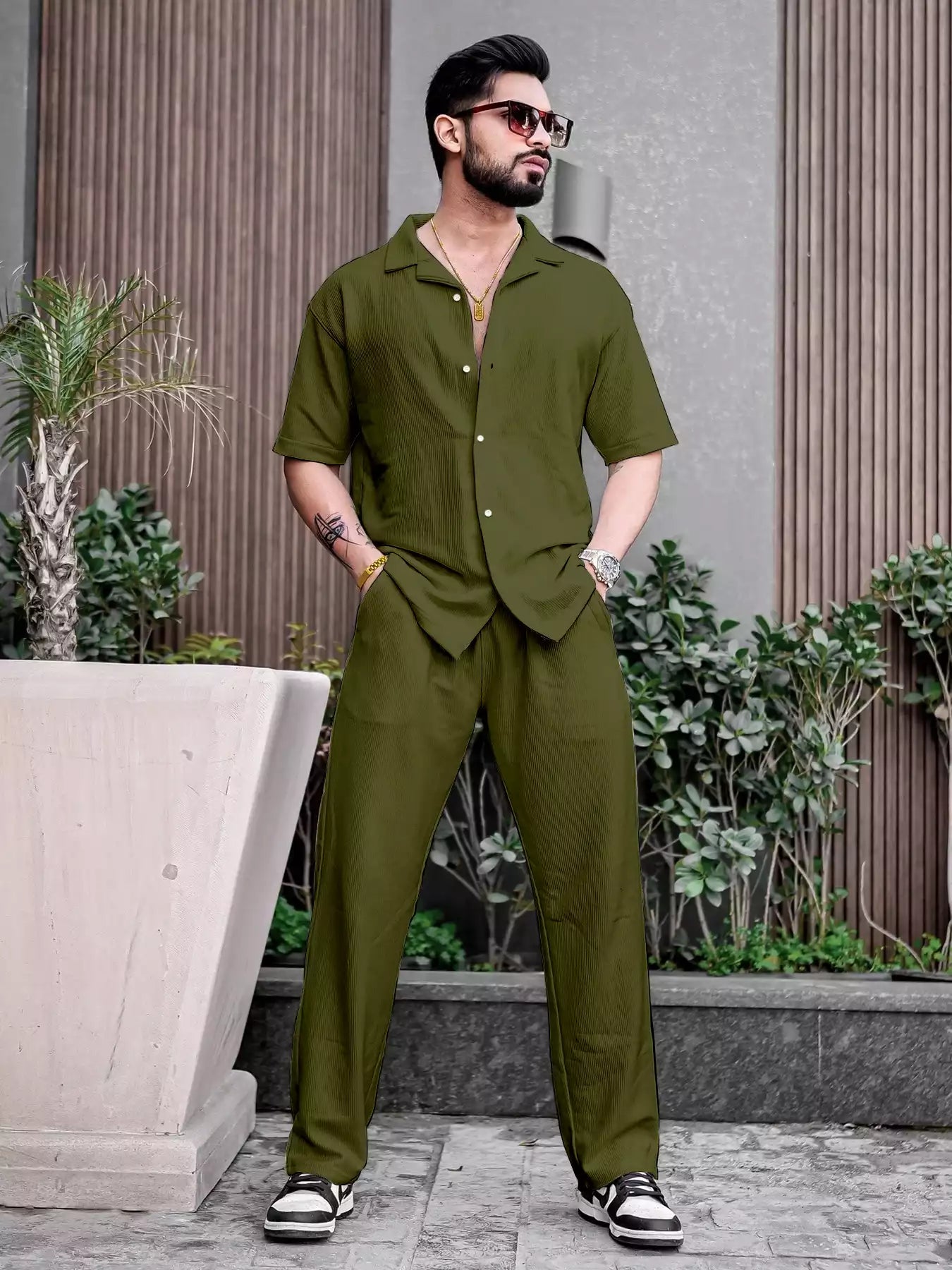 Green Color Mens Full Set Trouser and Shirt Half Sleeves