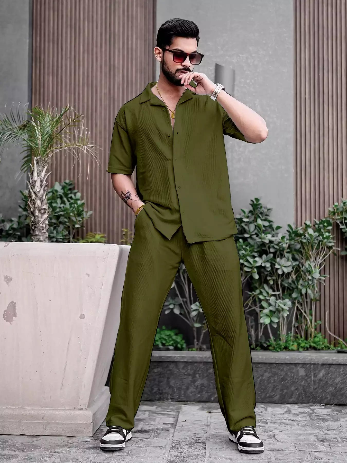 Green Color Mens Full Set Trouser and Shirt Half Sleeves