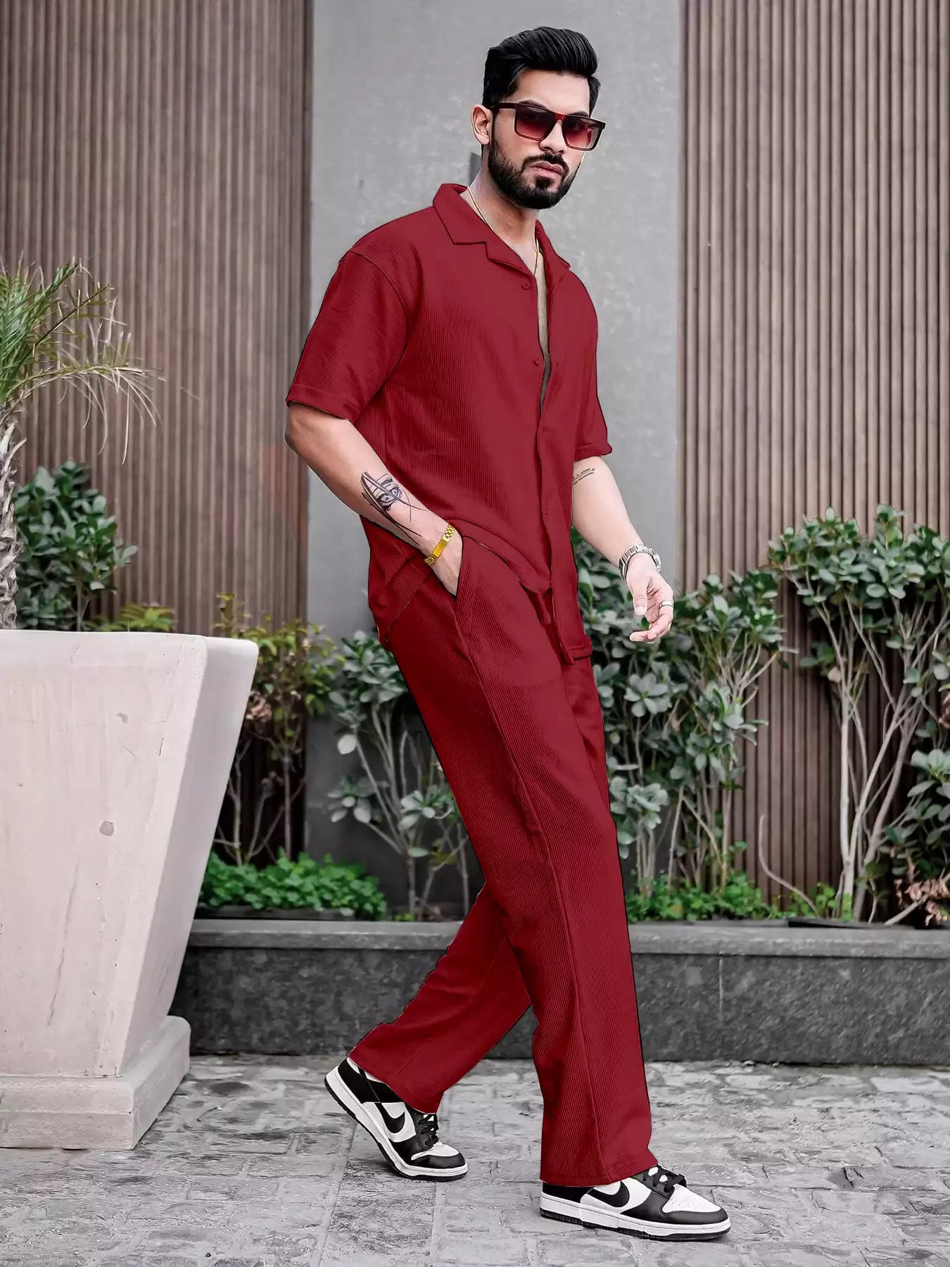 Maroon Color Mens Full Set Trouser and Shirt Half Sleeves