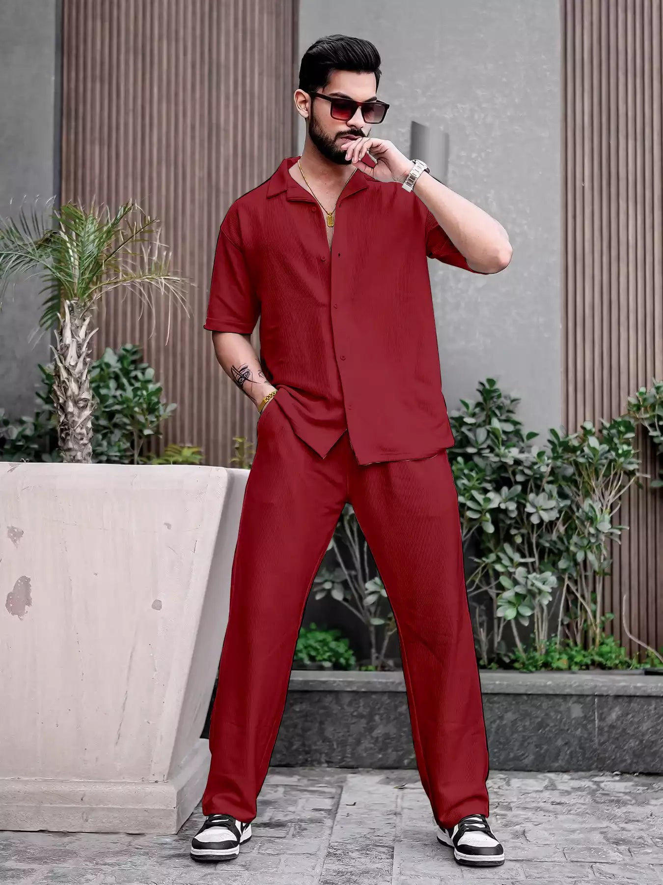 Maroon Color Mens Full Set Trouser and Shirt Half Sleeves